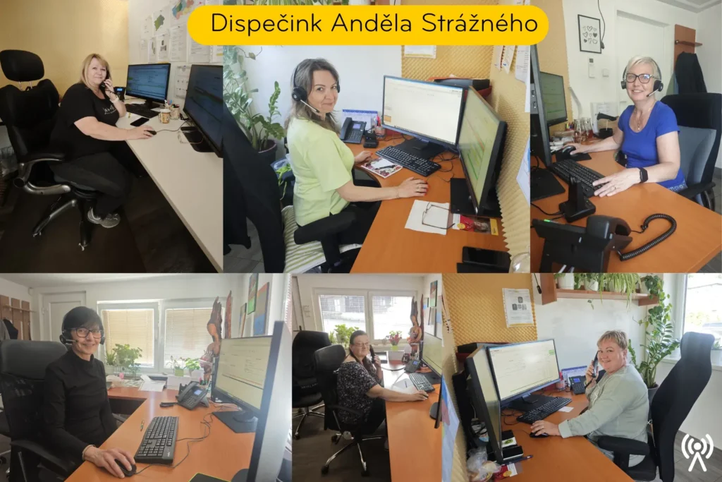 DARUJ ŽIDLI, KTERÁ DRŽÍ SLUŽBU 1 Dispečerky organizace Anděl Strážný při práci na dispečinku, každá u svého počítače a telefonu.