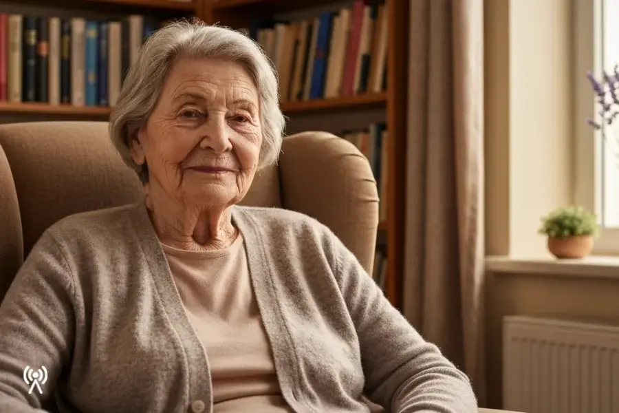 Seniorka sedící pohodlně doma v křesle, usměvavá a klidná, v pozadí knihovna – bezpečí i ve tmě s tísňovou péčí Anděl Strážný.