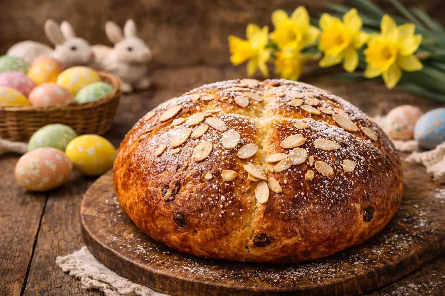 Velikonoční mazanec s mandlemi na dřevěném prkénku, kolem barevná velikonoční vajíčka a jarní narcisy.